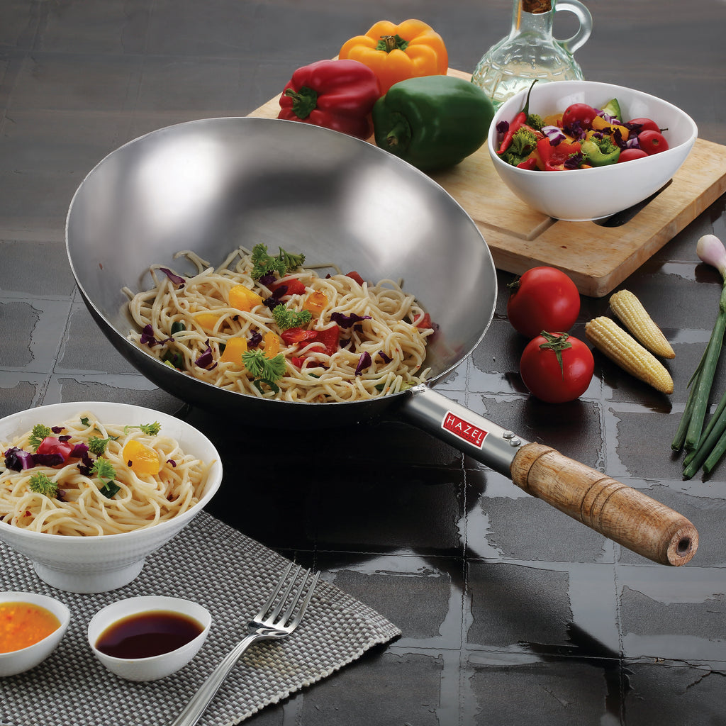 Steel Chinese Wok Kadhai with Wooden Handle, 2900 ml, 28.5 cm