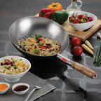 Steel Chinese Wok Kadhai with Wooden Handle, 2900 ml, 28.5 cm