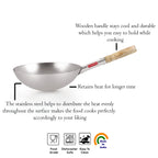 Steel Chinese Wok Kadhai with Wooden Handle, 2900 ml, 28.5 cm