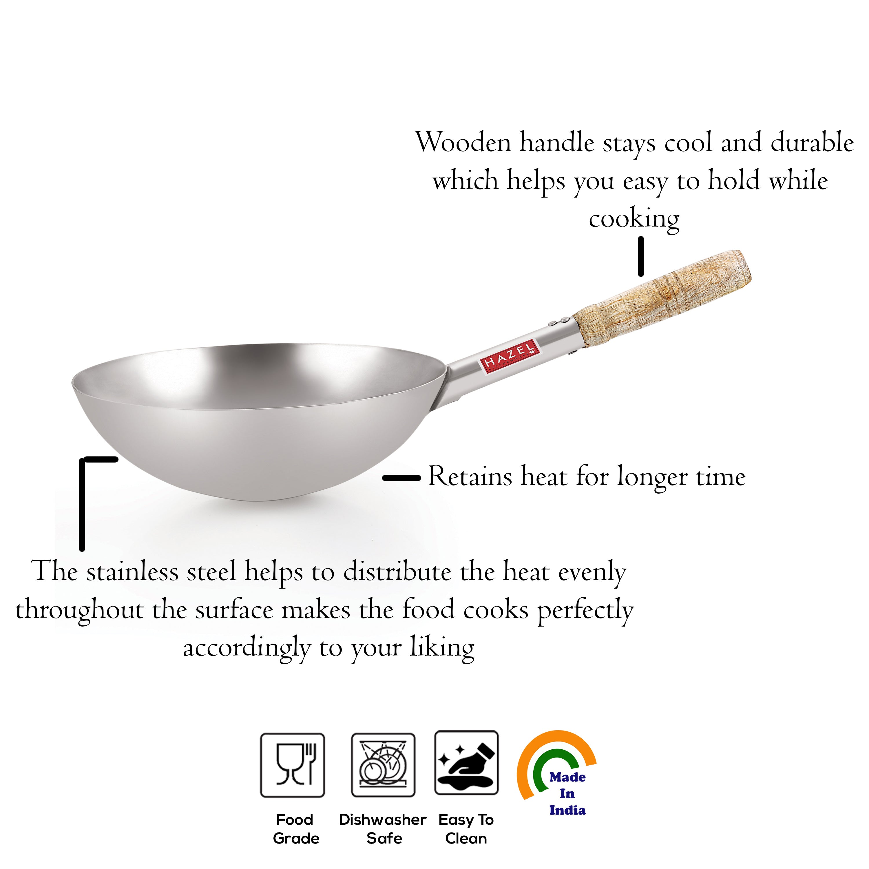 Steel Chinese Wok Kadhai with Wooden Handle, 2900 ml, 28.5 cm