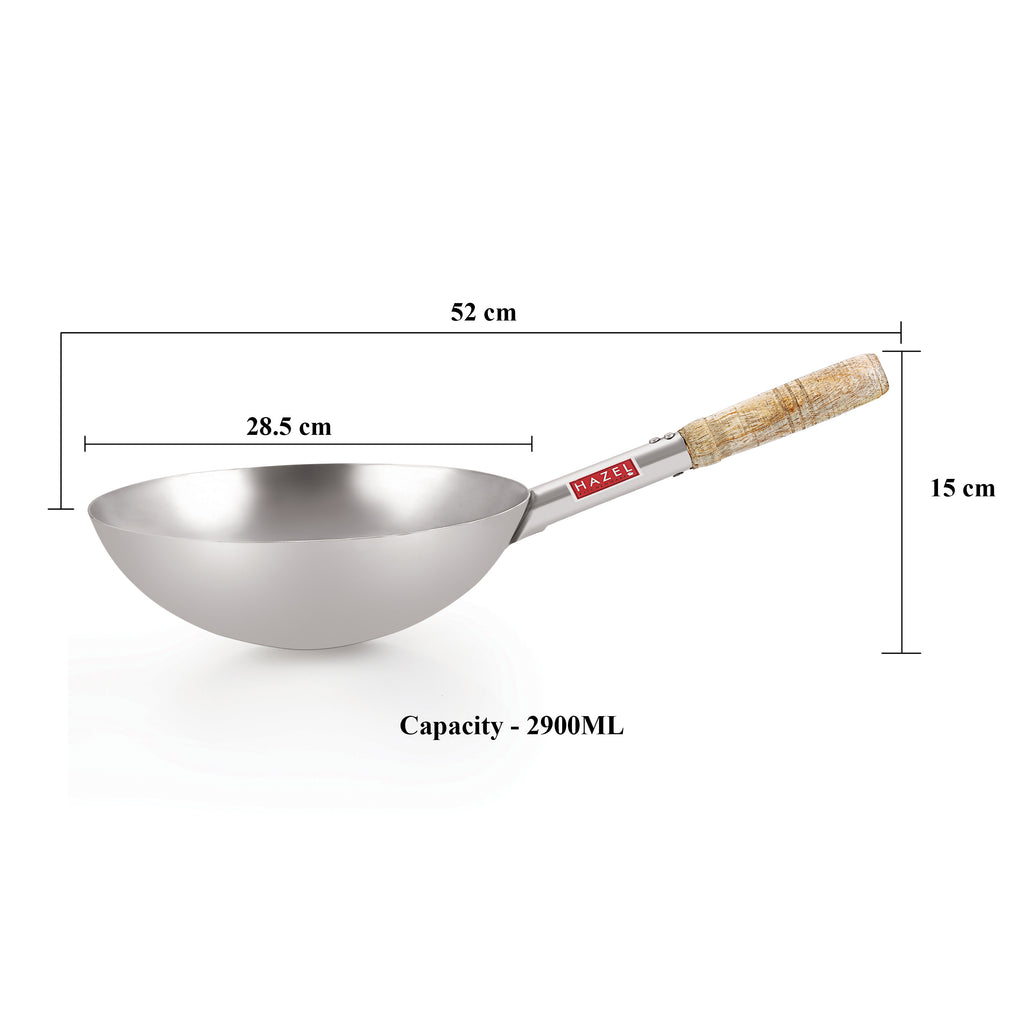 Steel Chinese Wok Kadhai with Wooden Handle, 2900 ml, 28.5 cm