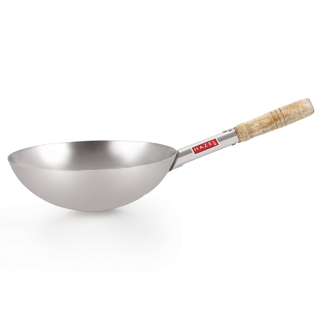 Steel Chinese Wok Kadhai with Wooden Handle, 2900 ml, 28.5 cm