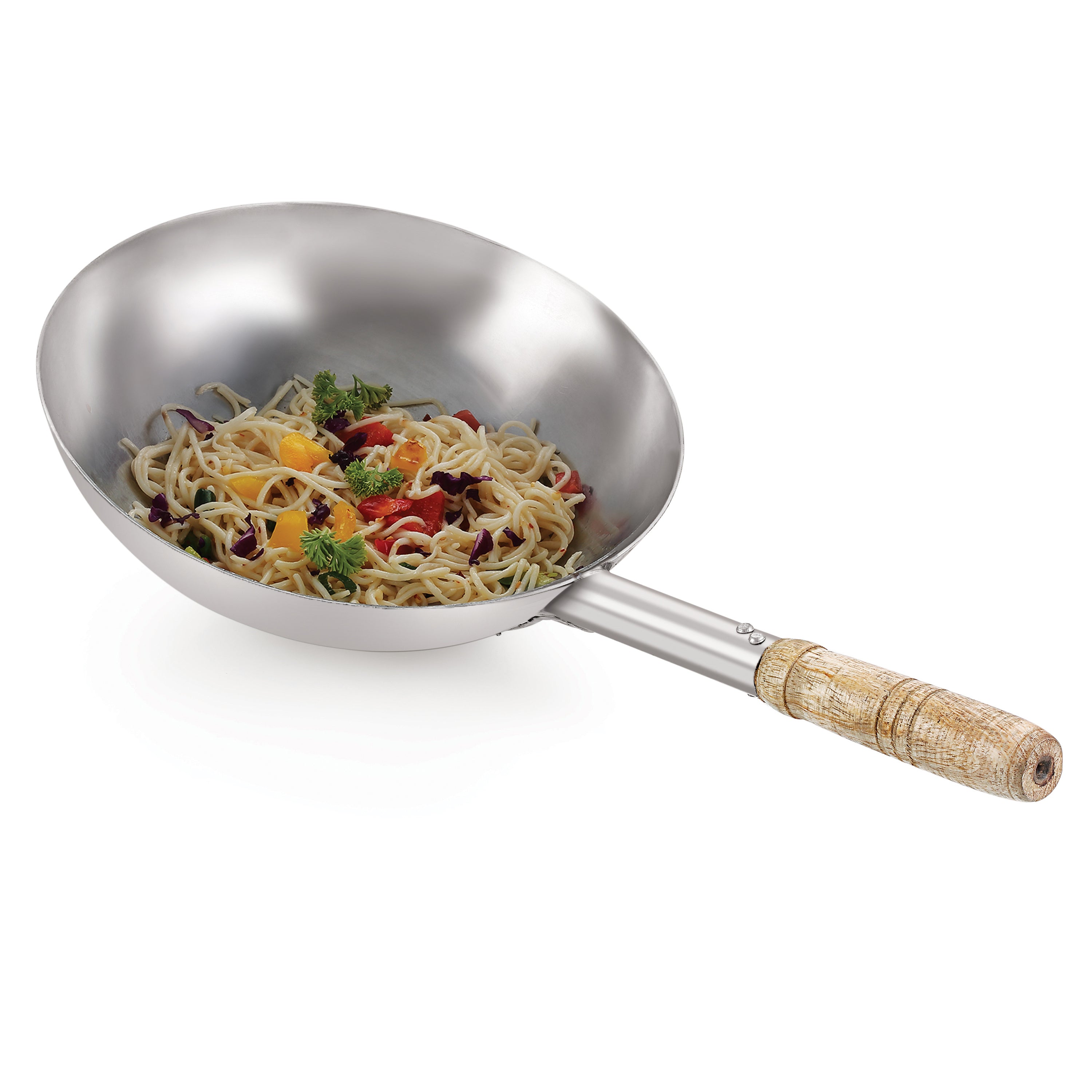 Steel Chinese Wok Kadhai with Wooden Handle, 2900 ml, 28.5 cm