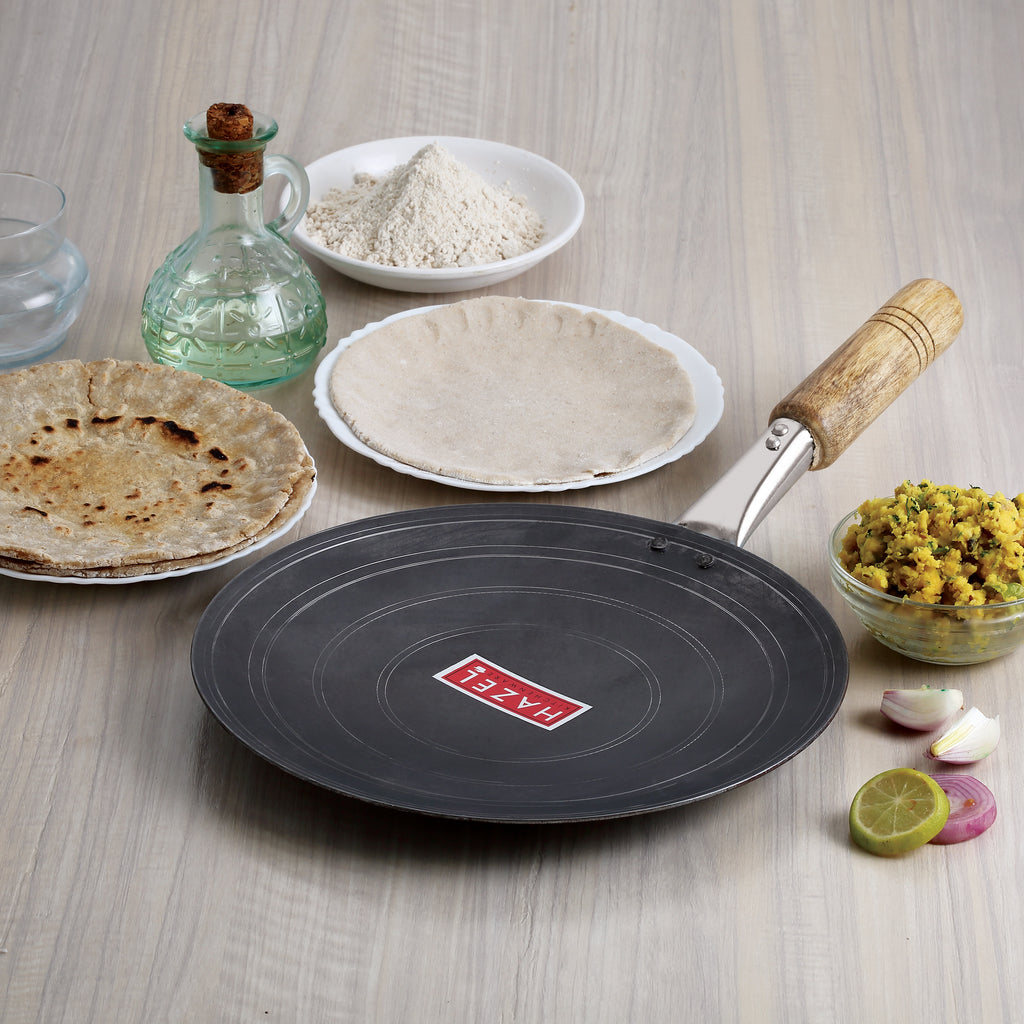 Iron Tawa With Wooden Handle Grip Loha Lokhand Pan Concave Tava for Roti Chapathi, 27 cm