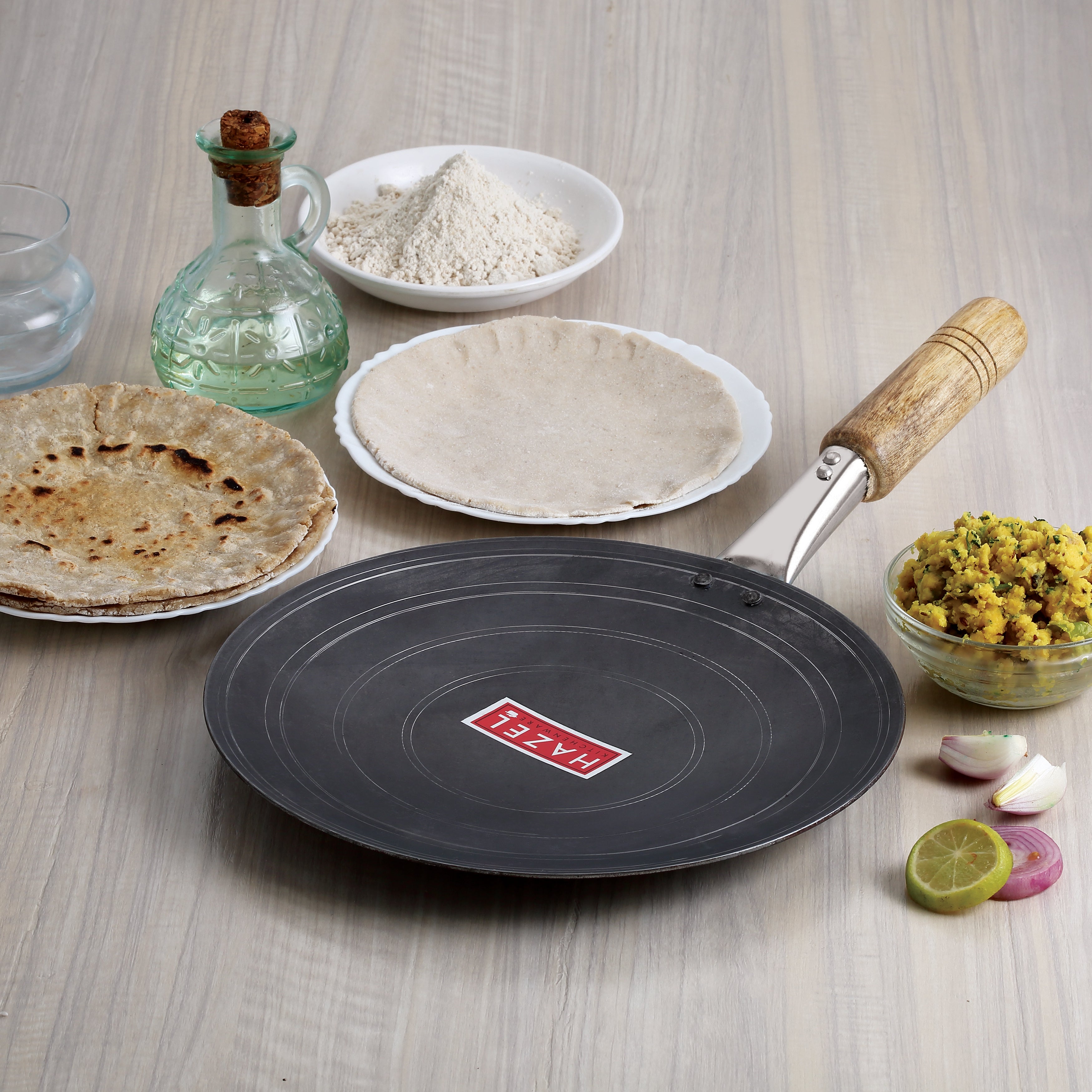 Iron Tawa With Wooden Handle Grip Loha Lokhand Pan Concave Tava for Roti Chapathi, 27 cm