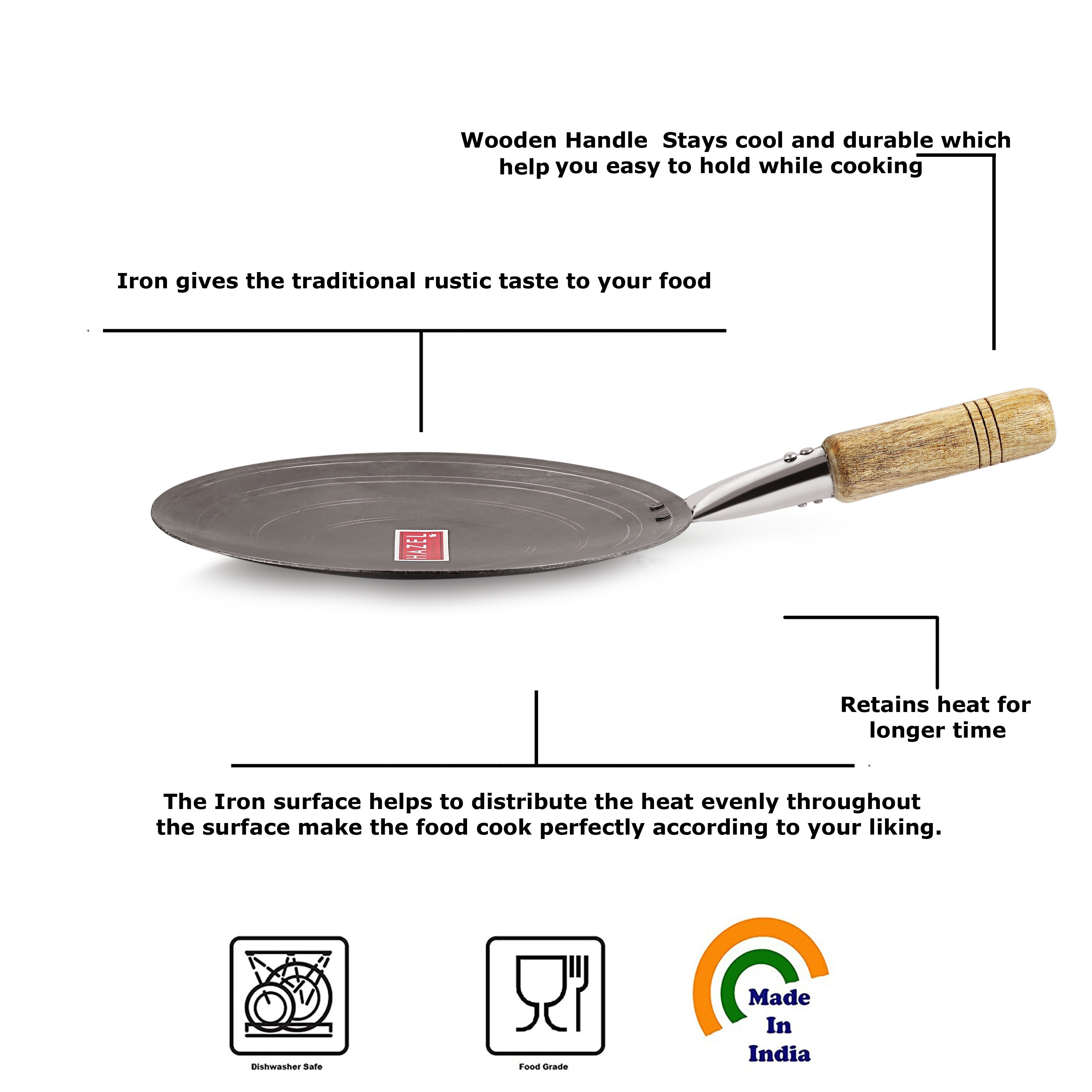 Iron Tawa With Wooden Handle Grip Loha Lokhand Pan Concave Tava for Roti Chapathi, 27 cm