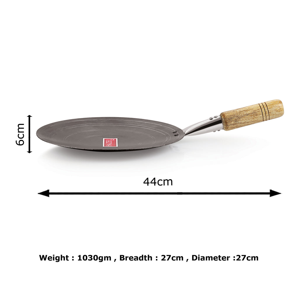 Iron Tawa With Wooden Handle Grip Loha Lokhand Pan Concave Tava for Roti Chapathi, 27 cm