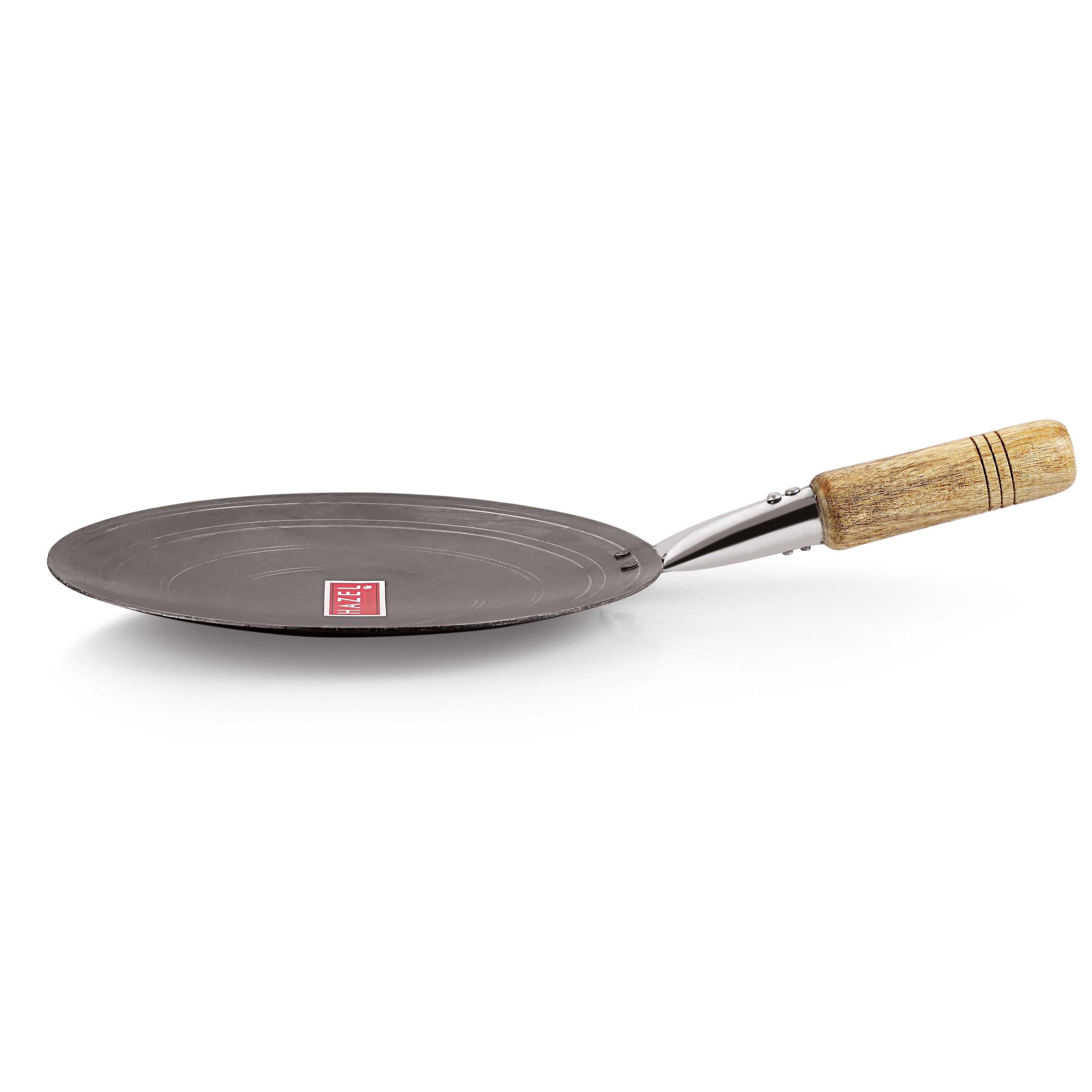 Iron Tawa With Wooden Handle Grip Loha Lokhand Pan Concave Tava for Roti Chapathi, 27 cm