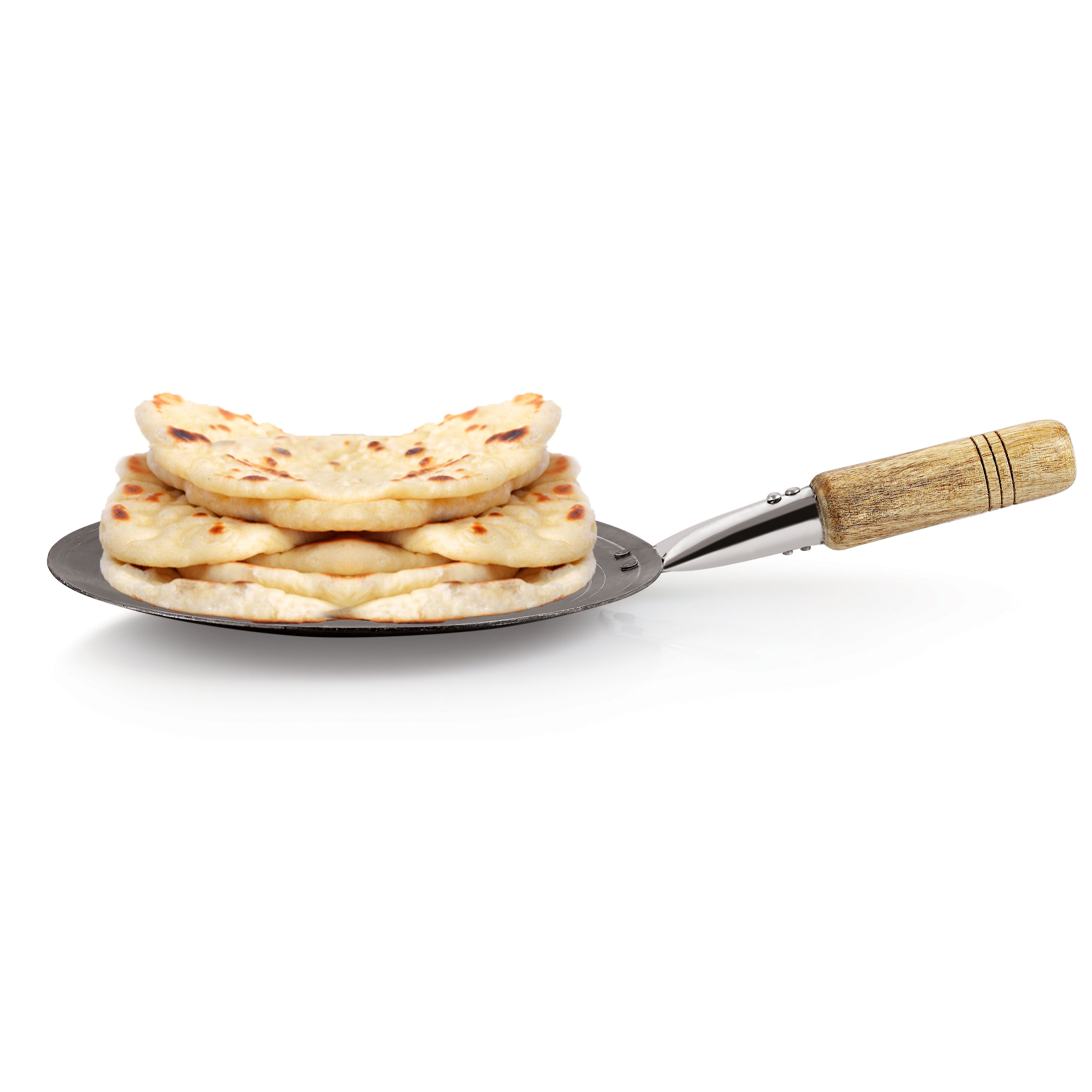 Iron Tawa With Wooden Handle Grip Loha Lokhand Pan Concave Tava for Roti Chapathi, 27 cm