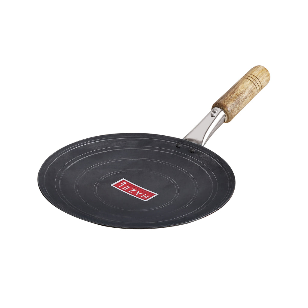 Iron Tawa With Wooden Handle Grip Loha Lokhand Pan Concave Tava for Roti Chapathi, 27 cm
