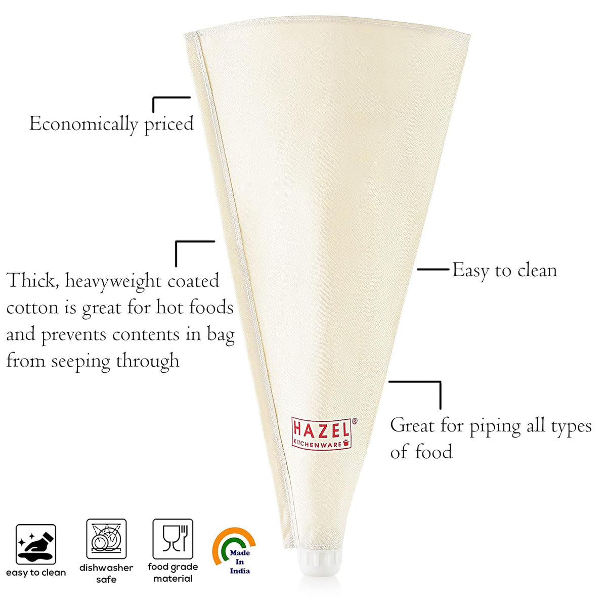Infographic describing economical pricing, thick heavyweight cotton, easy to clean