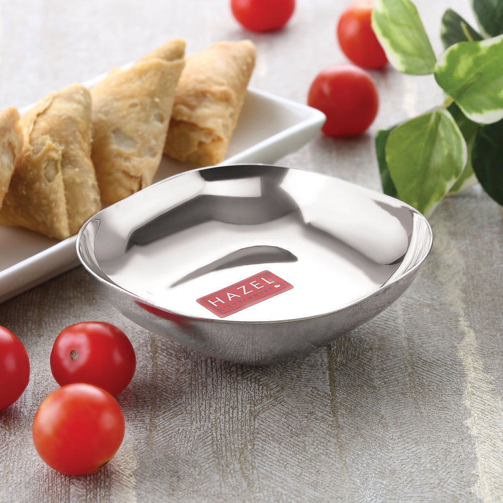 Stainless Steel Square Dessert Plate & Katori Set, 400 ml, Silver