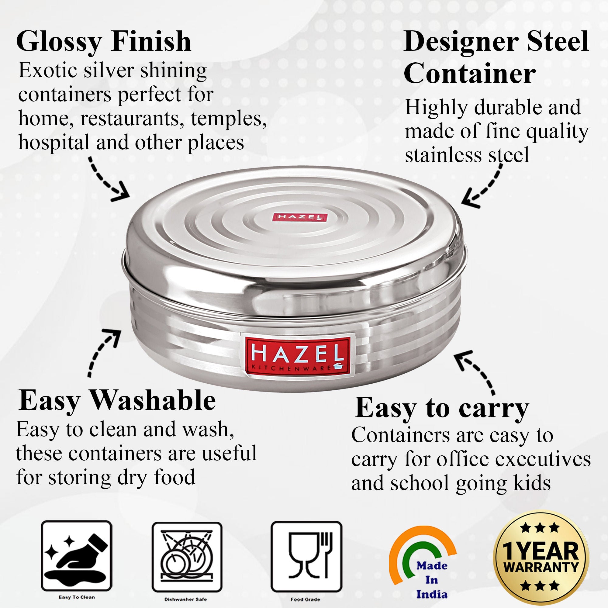 Stainless Steel Kitchen Storage Container, Round Steel Dabba, 400 ml