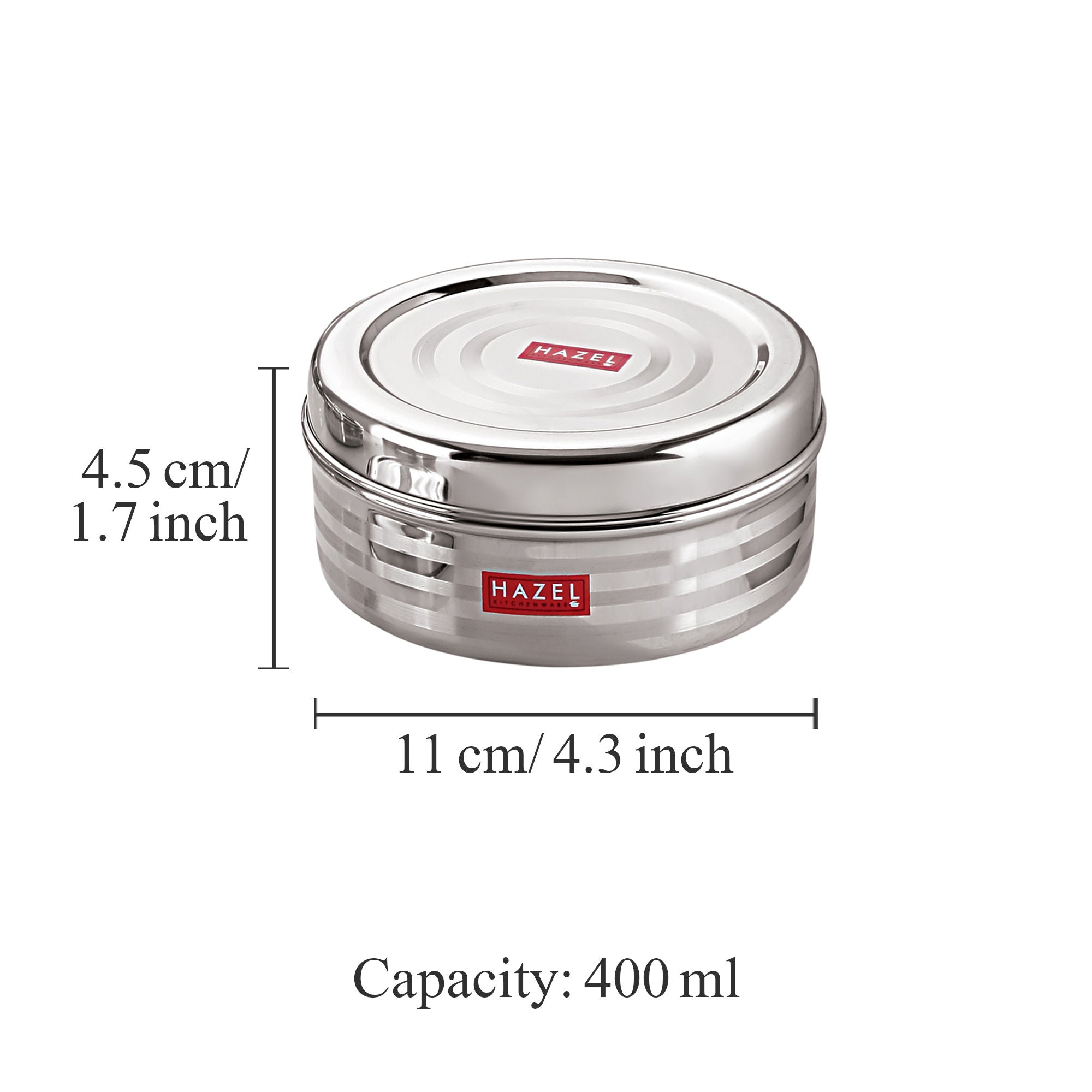 Stainless Steel Kitchen Storage Container, Round Steel Dabba, 400 ml