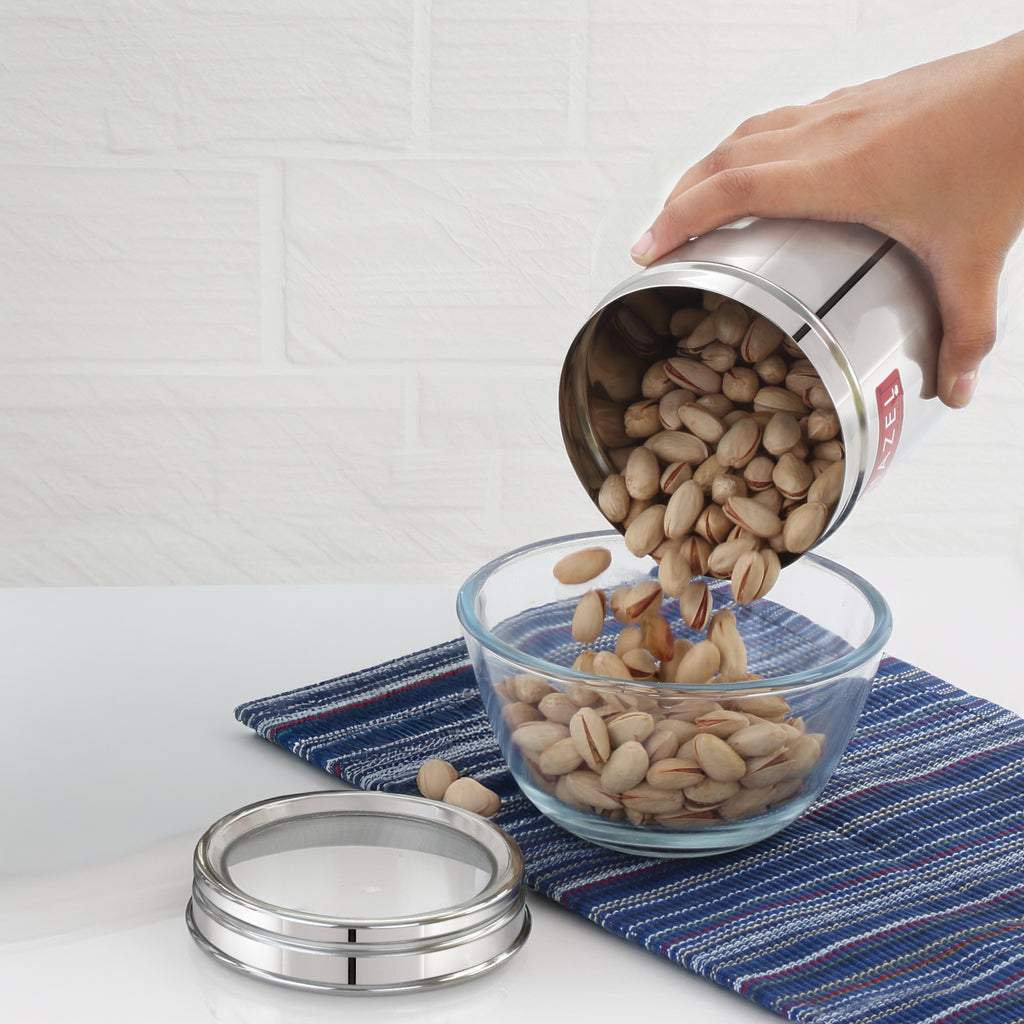Stainless Steel Container with Transparent Lid, 1100 ml, Matt Finish Kitchen Storage Jar