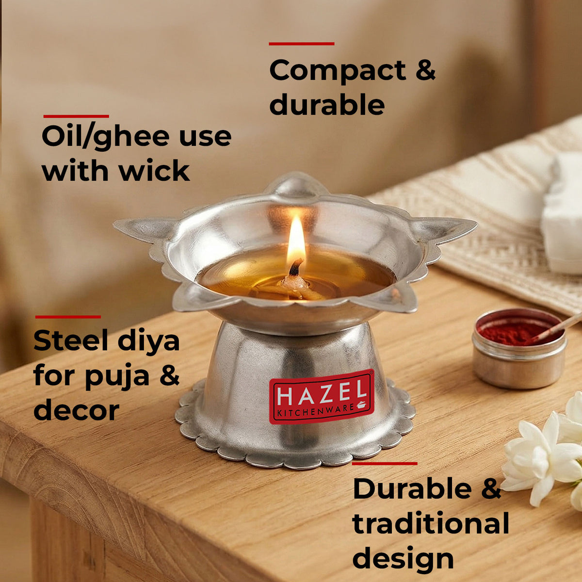 Panchwati Stainless Steel Diya, 5 Wati (6 × 3 cm)