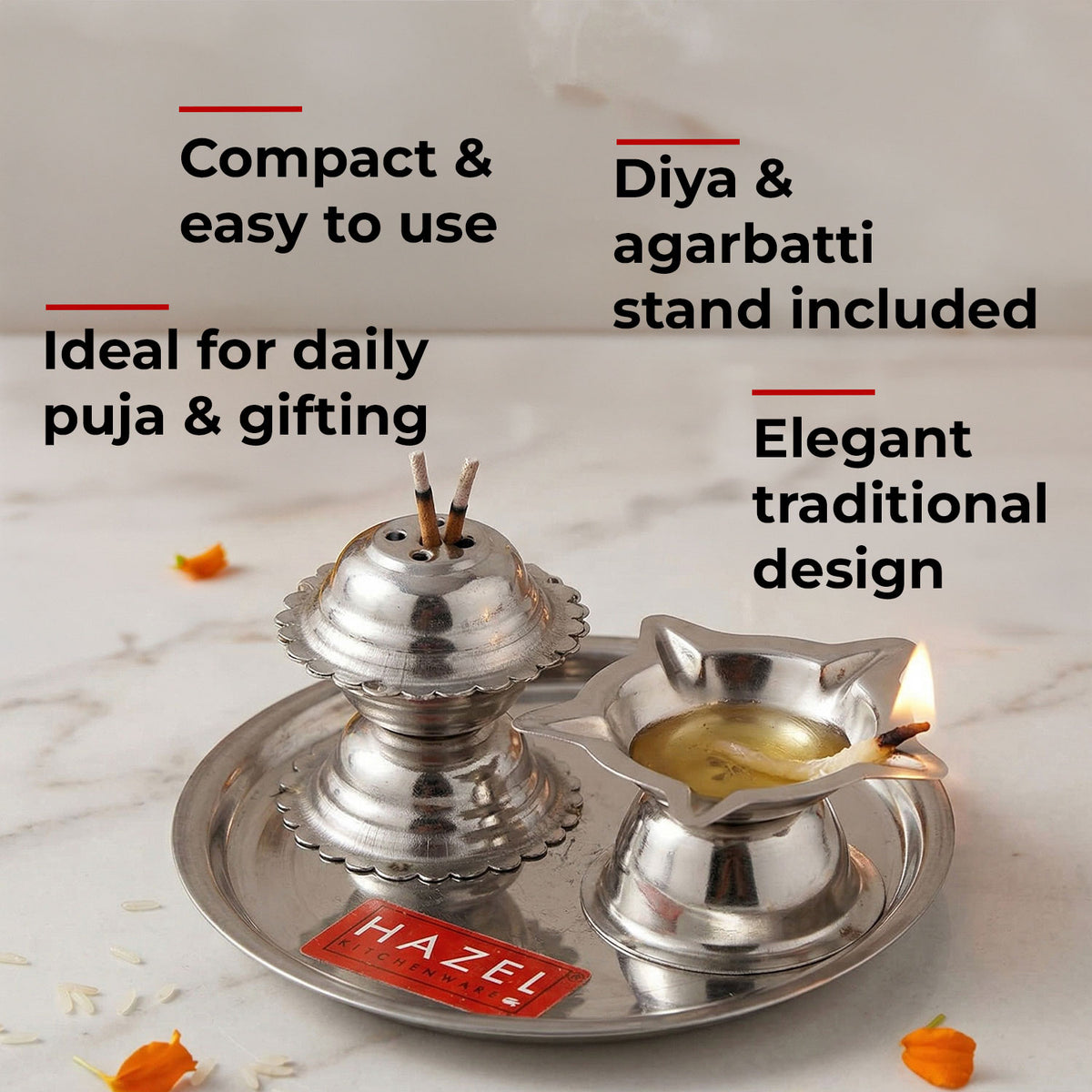 Stainless Steel Diya with Agarbatti Stand, 9 × 4 cm