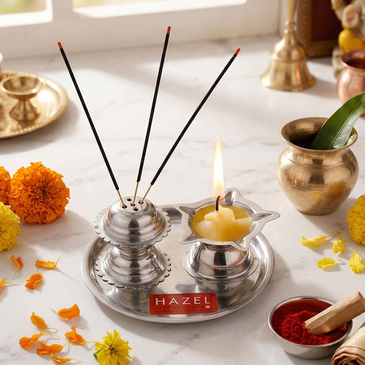 Stainless Steel Diya with Agarbatti Stand, 9 × 4 cm