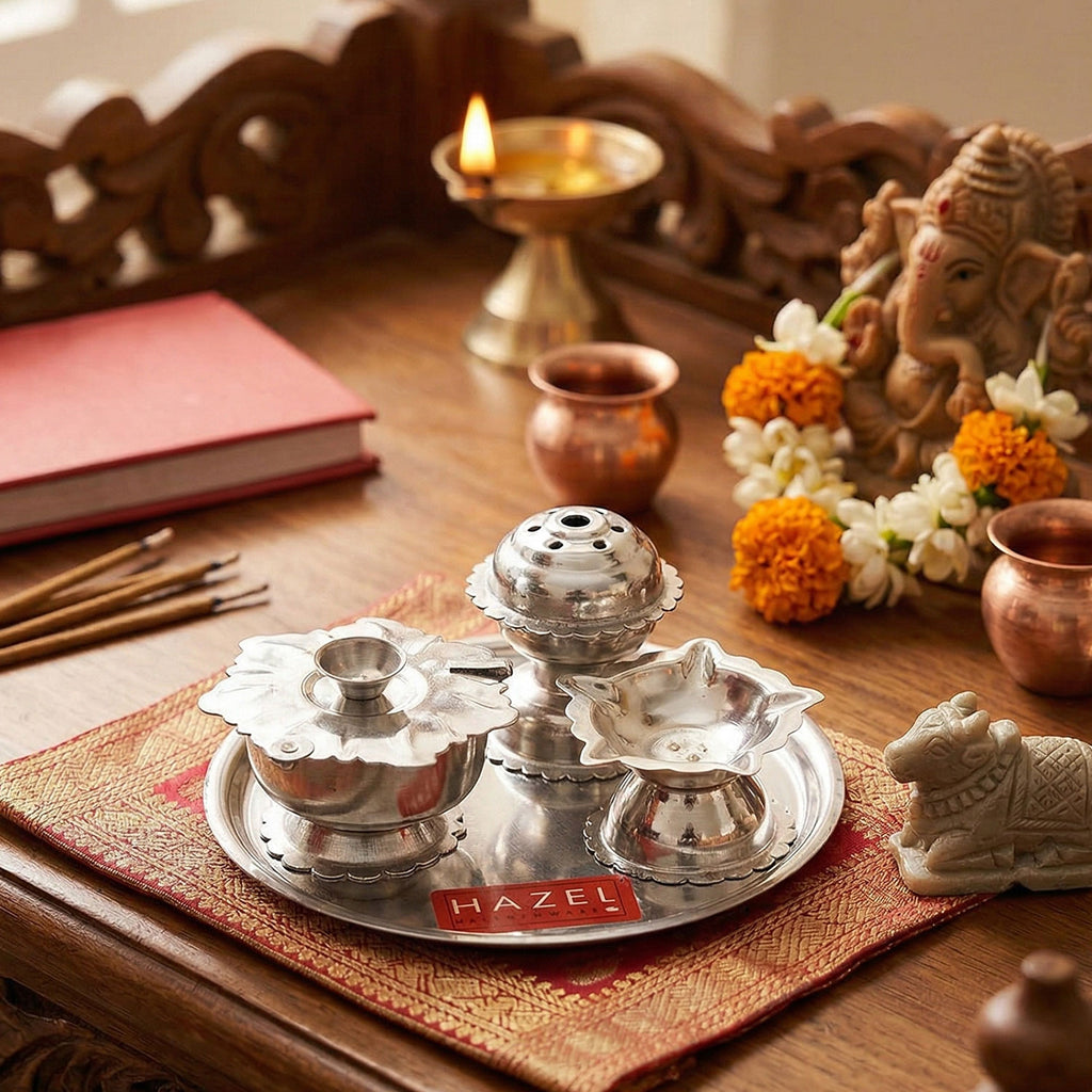 Stainless Steel Diya with Agarbatti Stand & Kumkum Box, 10 × 4.5 cm