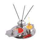 Stainless Steel Diya with Agarbatti Stand & Kumkum Box, 10 × 4.5 cm