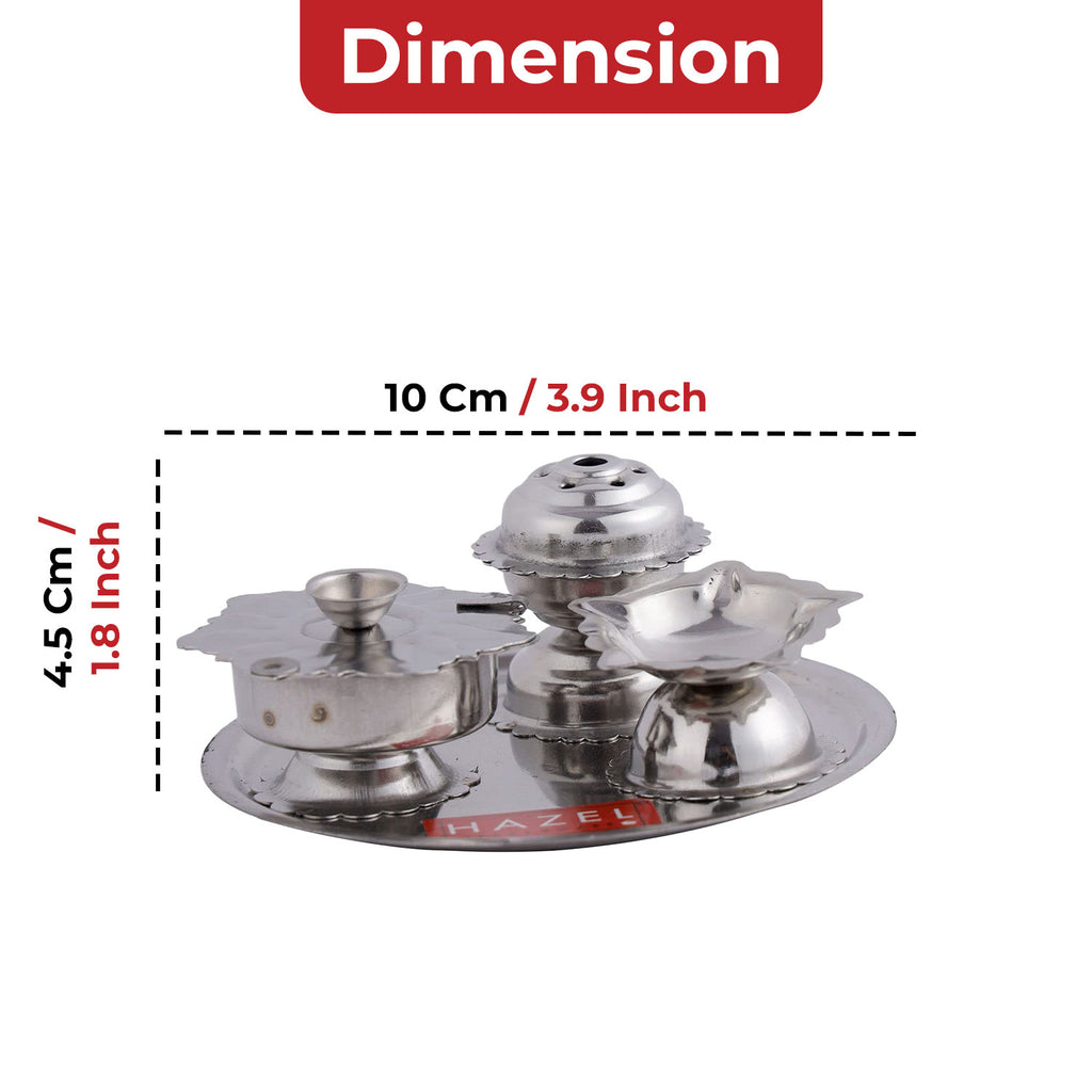 Stainless Steel Diya with Agarbatti Stand & Kumkum Box, 10 × 4.5 cm