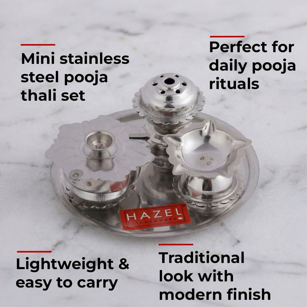 Stainless Steel Diya with Agarbatti Stand & Kumkum Box, 10 × 4.5 cm