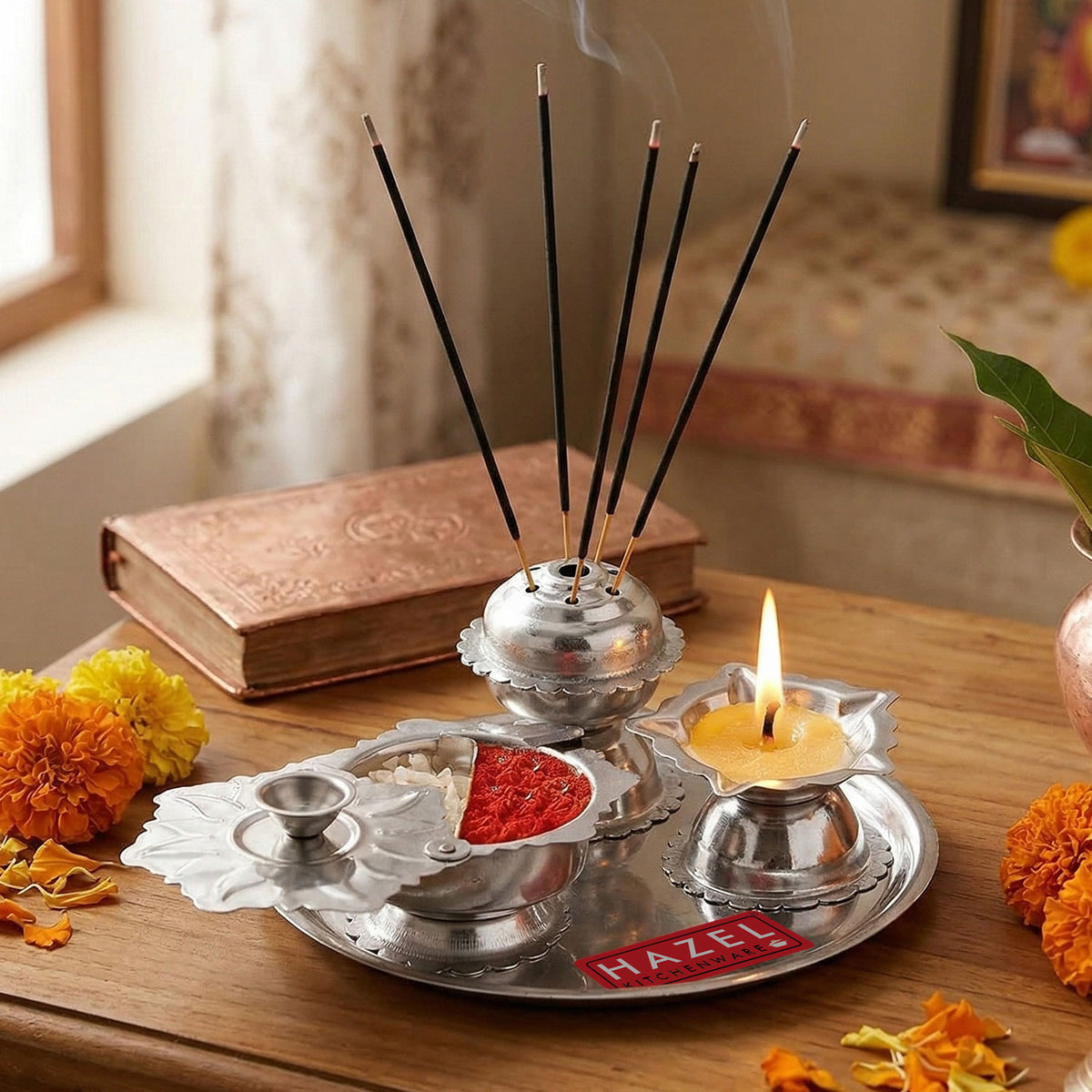 Stainless Steel Diya with Agarbatti Stand & Kumkum Box, 10 × 4.5 cm