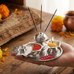 Stainless Steel Diya with Agarbatti Stand & Kumkum Box, 10 × 4.5 cm