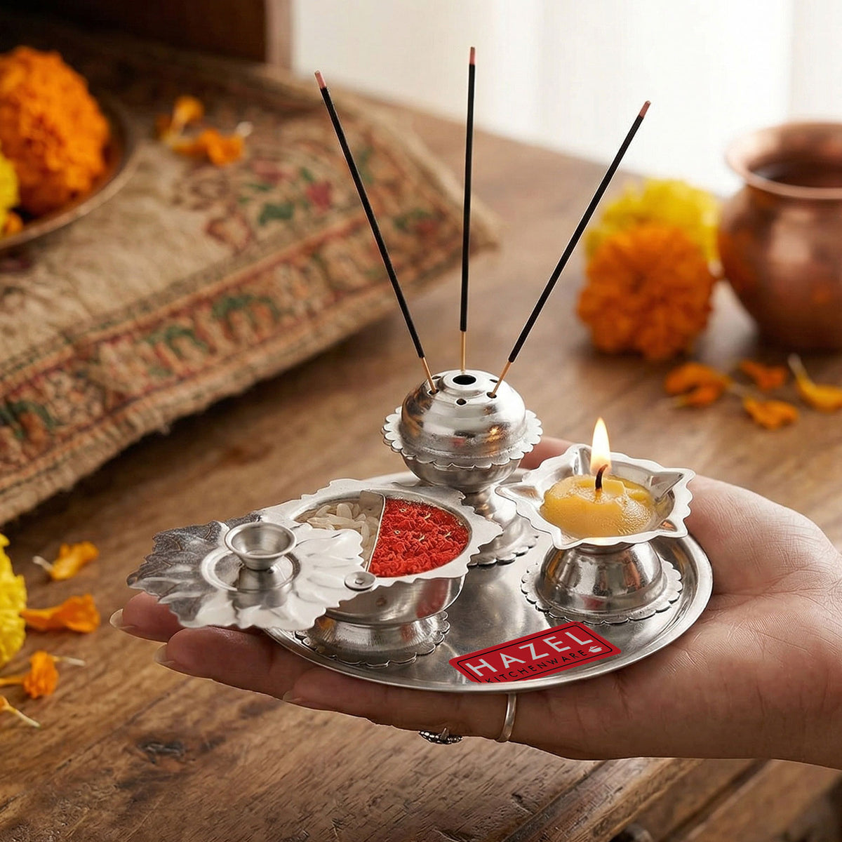 Stainless Steel Diya with Agarbatti Stand & Kumkum Box, 10 × 4.5 cm