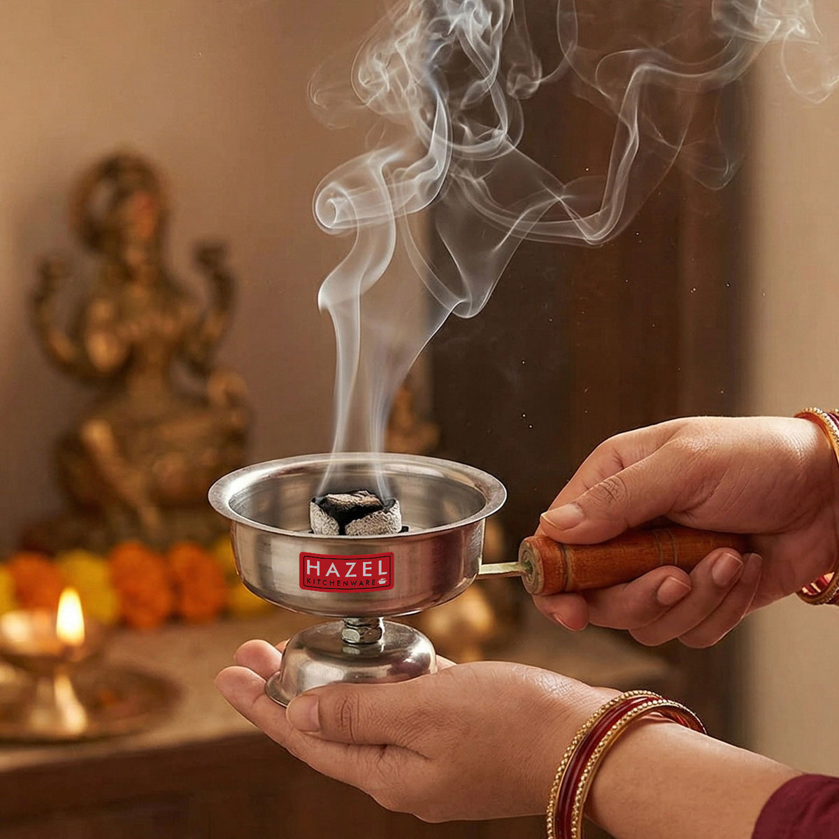 Stainless Steel Dhoop Dani with Handle, 11 × 6.5 cm