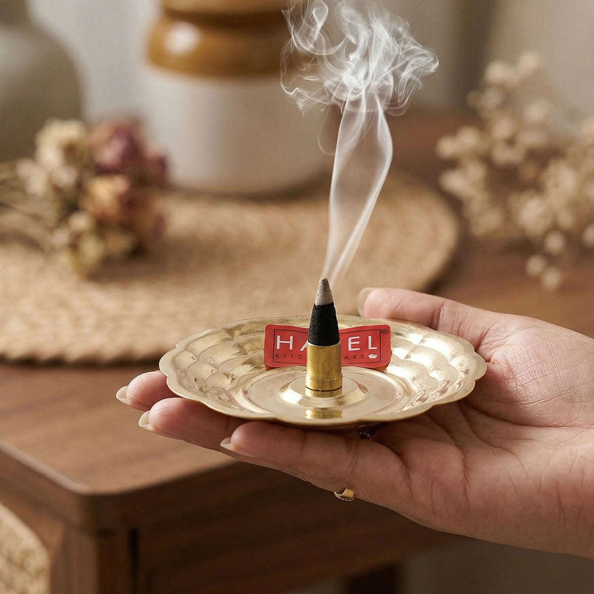 Brass Dhoop Stand for Puja, Incense Stick Holder with Ash Catcher, 8 cm