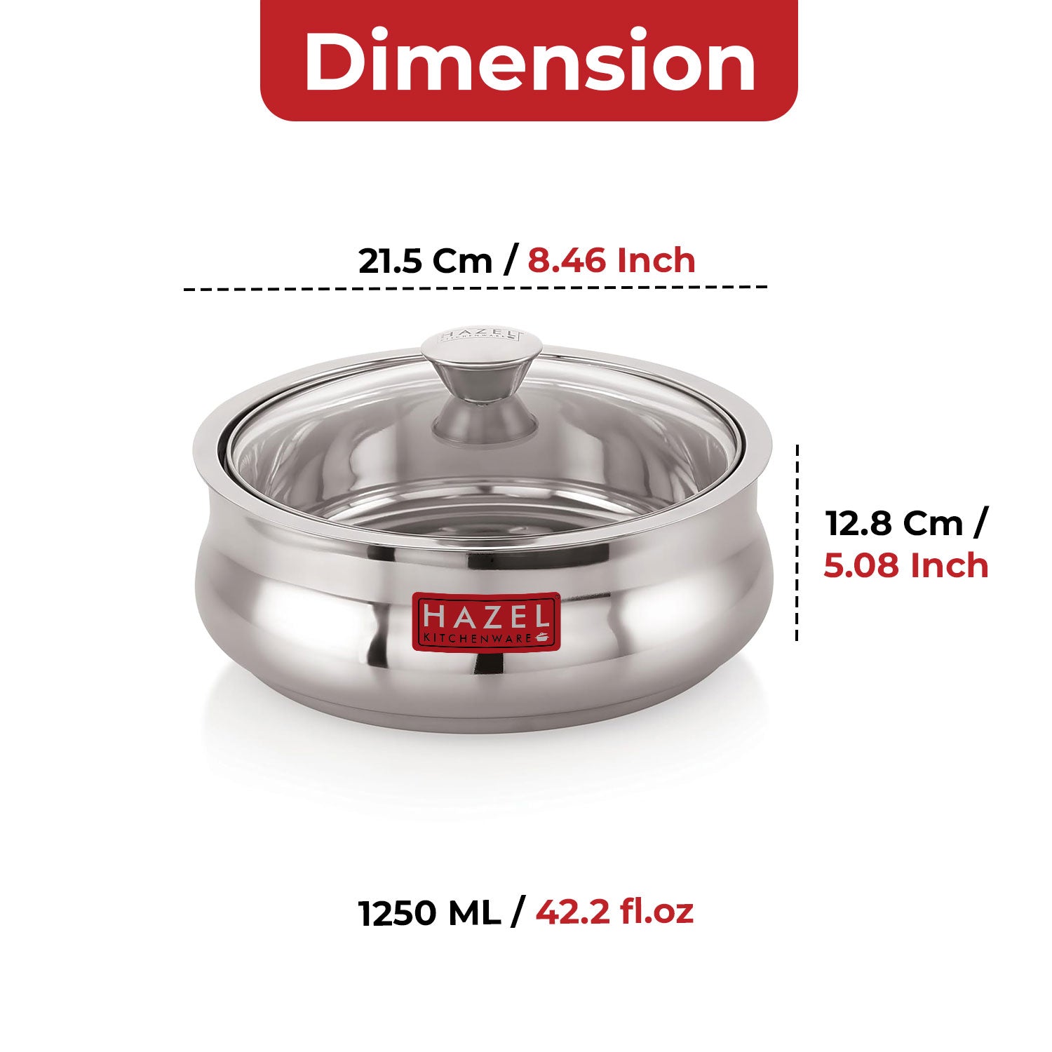 Stainless Steel Roti Casserole/Hotcase with Glass Lid – 1250 ML