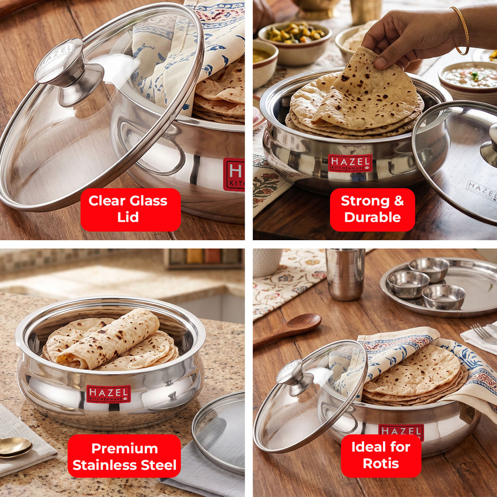 Stainless Steel Roti Casserole/Hotcase with Glass Lid – 1250 ML