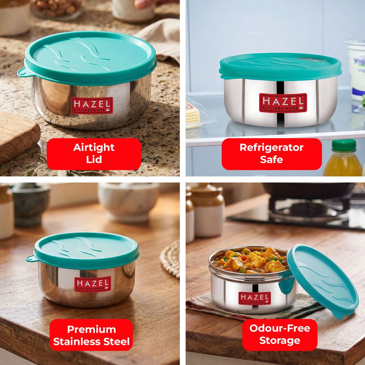 Stainless Steel Airtight Storage Container showing turquoise lid and round steel body