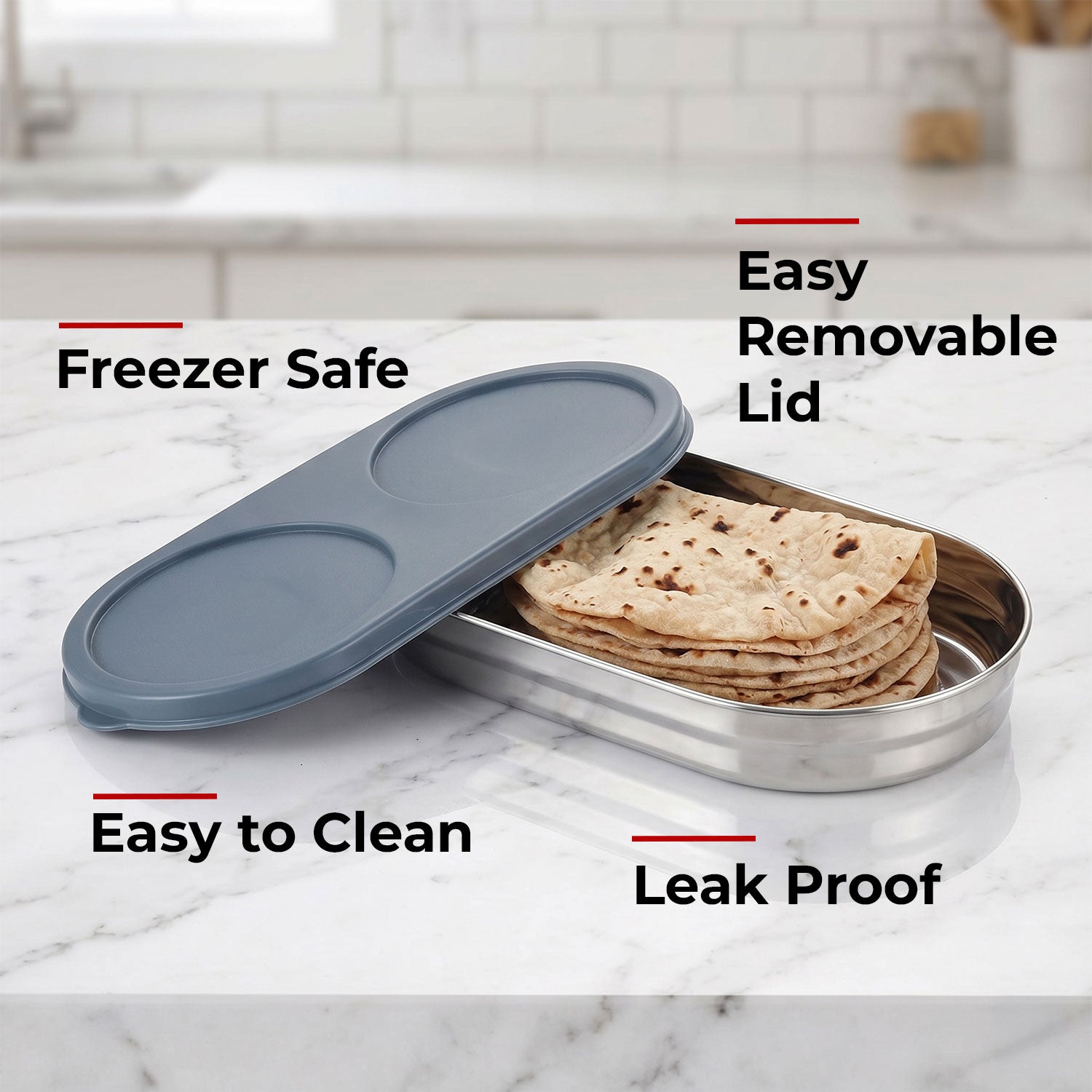 Oval Stainless Steel Roti Box/Puri Dabba With Leak Proof Lid