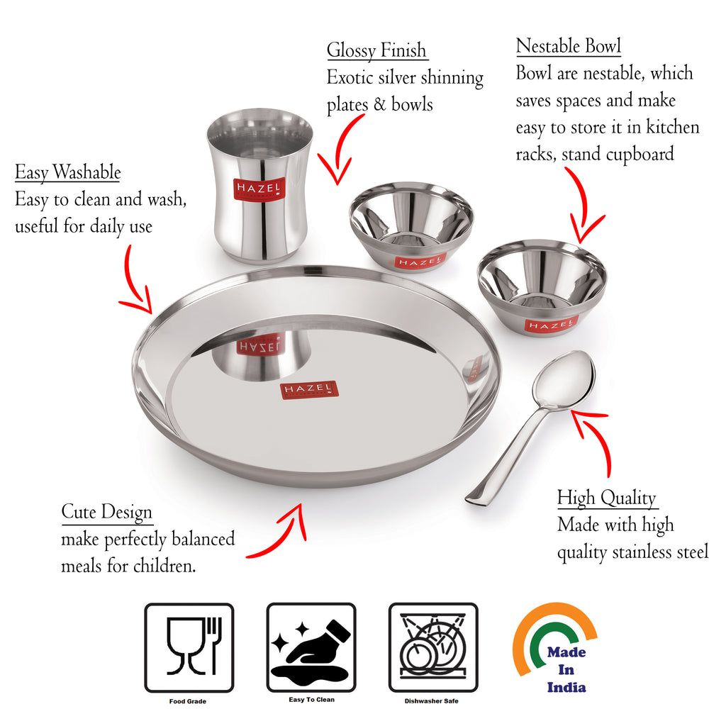 Stainless Steel Kids Dinner Set, Baby Plate, Bowl, Glass & Spoon