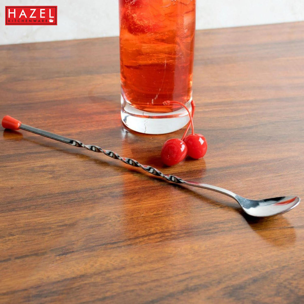 Stainless Steel Bar Spoon, Twisted Cocktail Stirrer with Red Knob