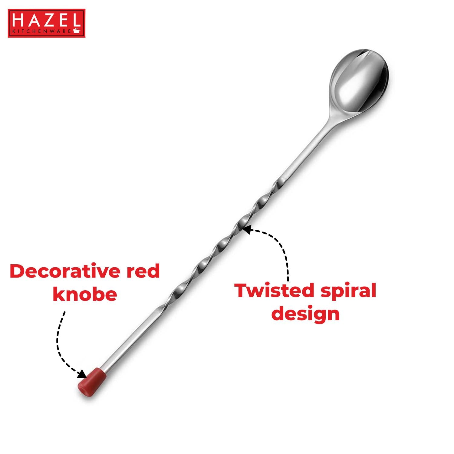 Stainless Steel Bar Spoon, Twisted Cocktail Stirrer with Red Knob