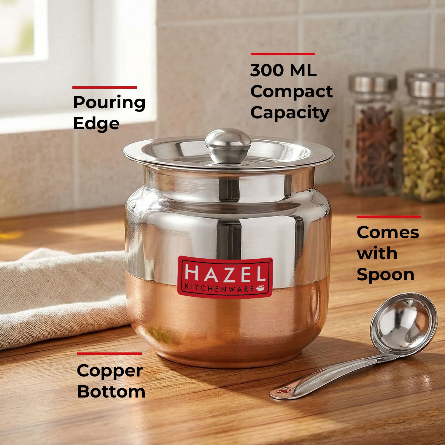 Stainless Steel Copper Bottom Oil & Ghee Container with Spoon – 300 ML