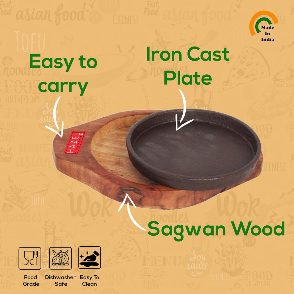 Sizzling Brownie Sizzler Plate / Tray with Wodden Base Round, 6 inch