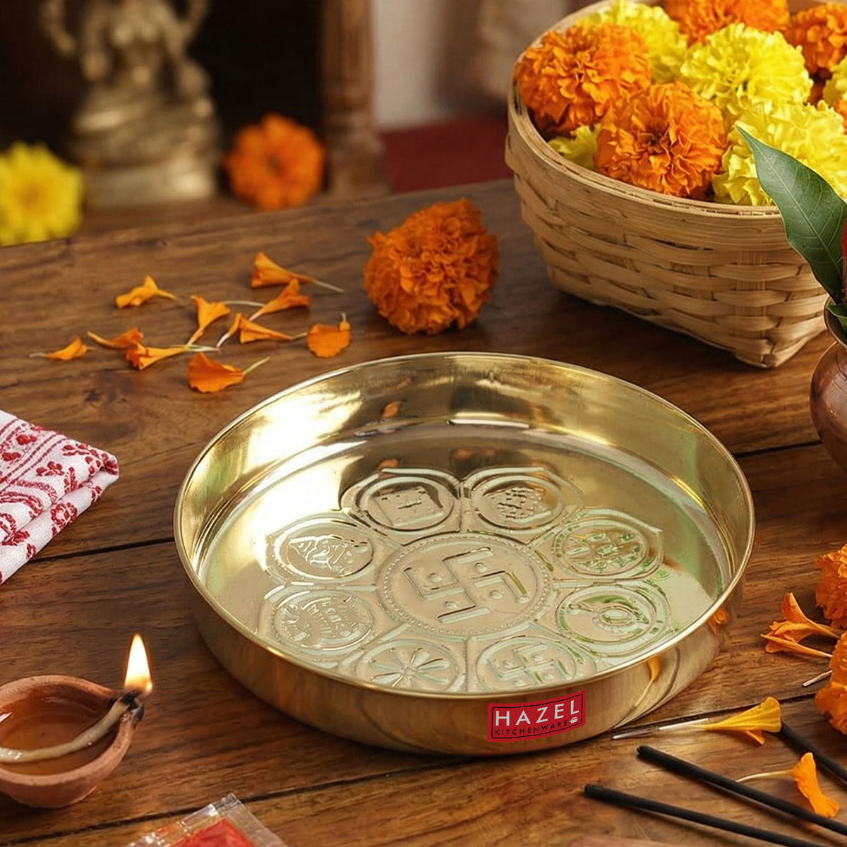 Brass Astmangal Traditional Pooja Aarti Thali, 12.5cm