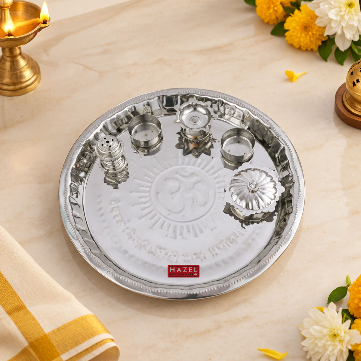 Steel Ghungroo Pooja Thali, 28 cm