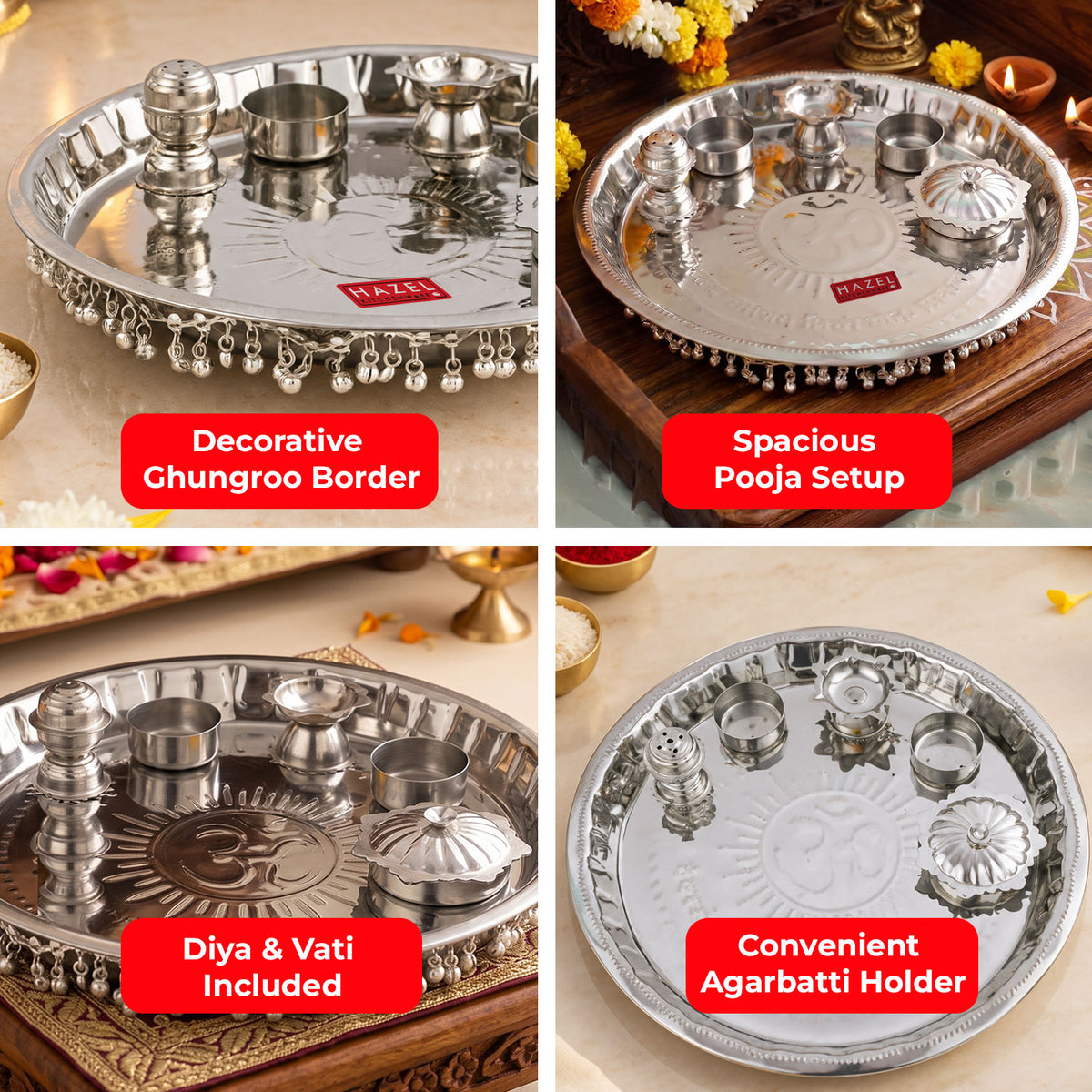 Steel Ghungroo Pooja Thali, 28 cm