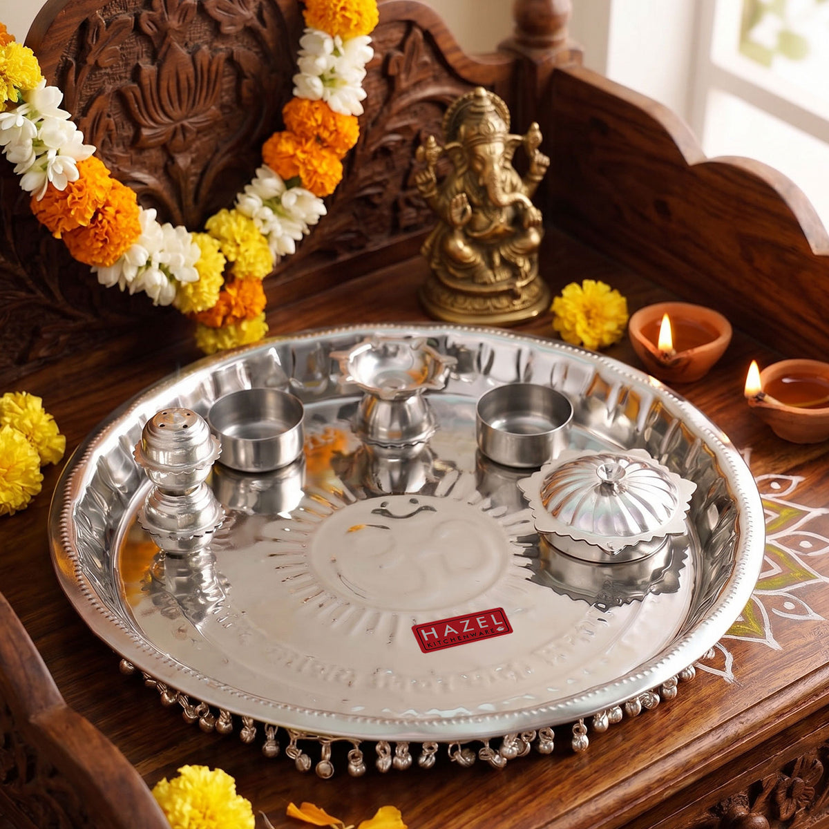 Steel Ghungroo Pooja Thali, 28 cm