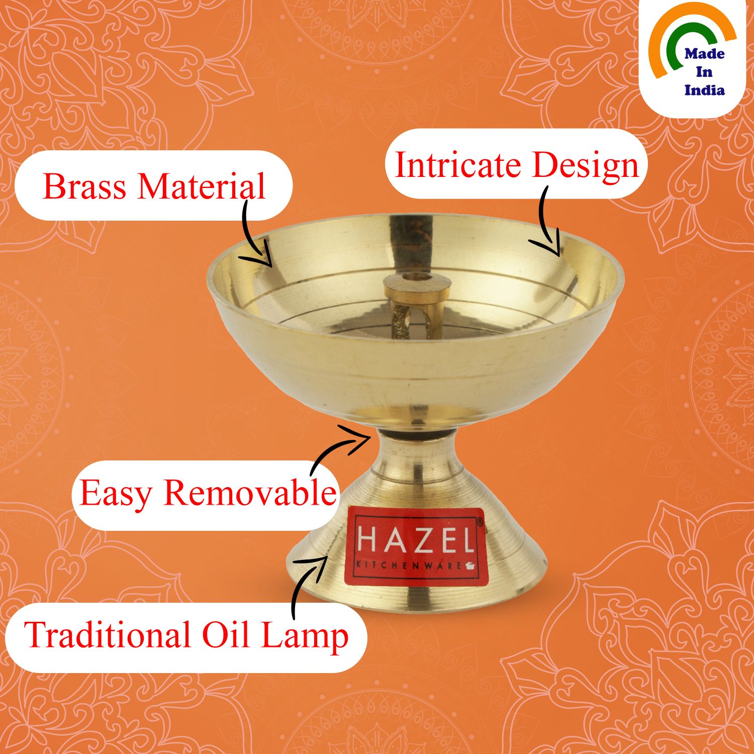 Payali Brass Diya Oil Lamp, Large, Golden