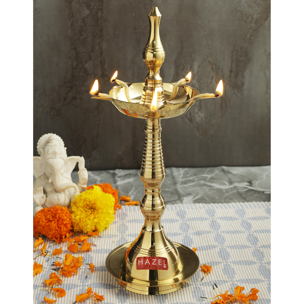 Brass Fancy Kerela Samay Diya Oil Diwali Puja Lamp, Golden