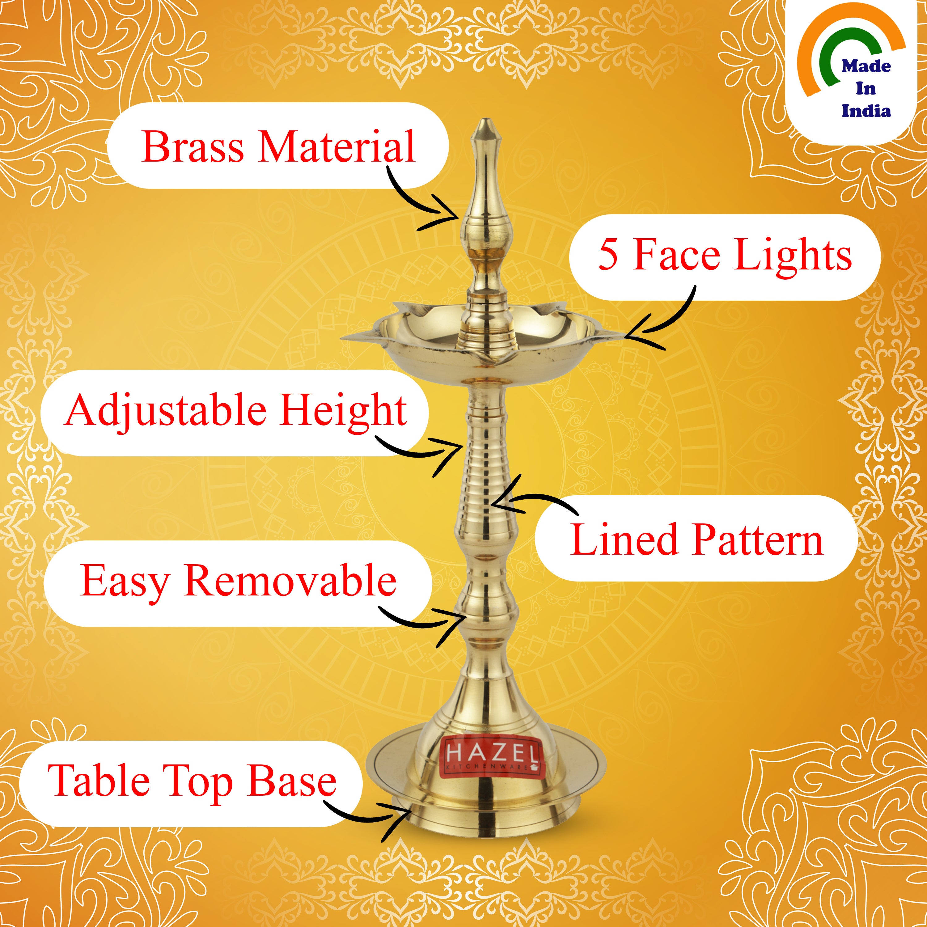 Brass Fancy Kerela Samay Diya Oil Diwali Puja Lamp, Golden