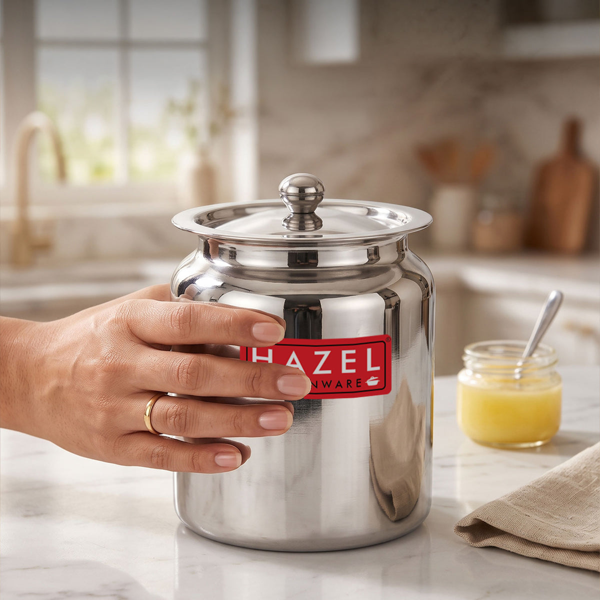 Stainless Steel Oil ghee Container with Lid, Kitchen Dispenser