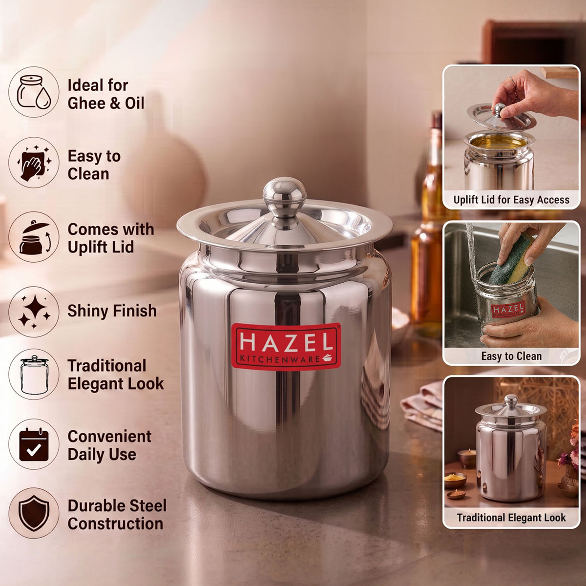 Stainless Steel Oil ghee Container with Lid, Kitchen Dispenser