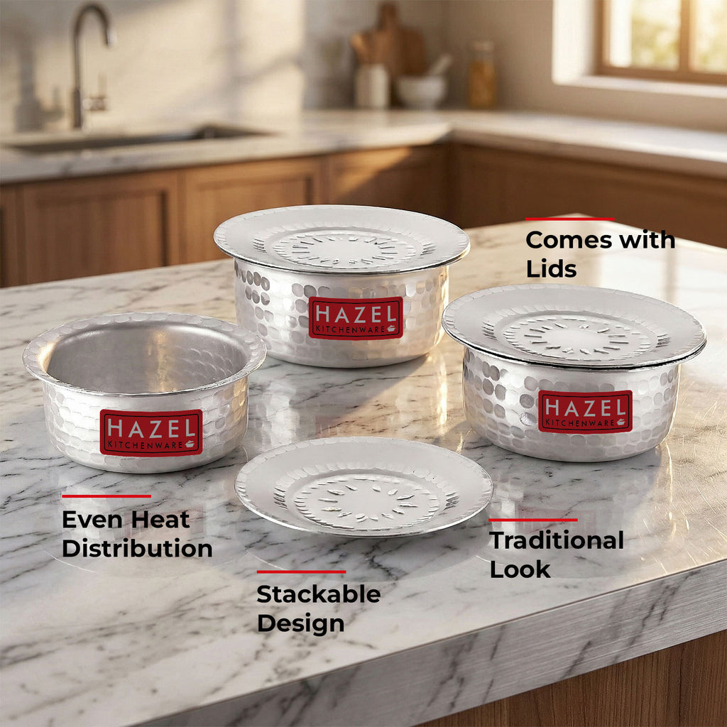 Aluminium Hammered Tope /Patila Set with Lid – (Set of 3, - 1 L,1.4 L ,1.8 L)